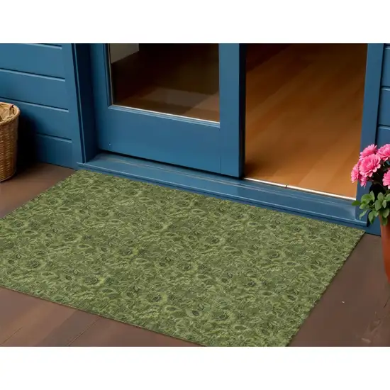 Olive Green And Fern Green Floral Washable Indoor Outdoor Area Rug Photo 2