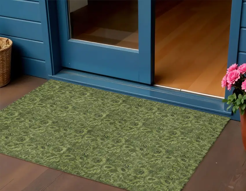 Olive Green And Fern Green Floral Washable Indoor Outdoor Area Rug Photo 2