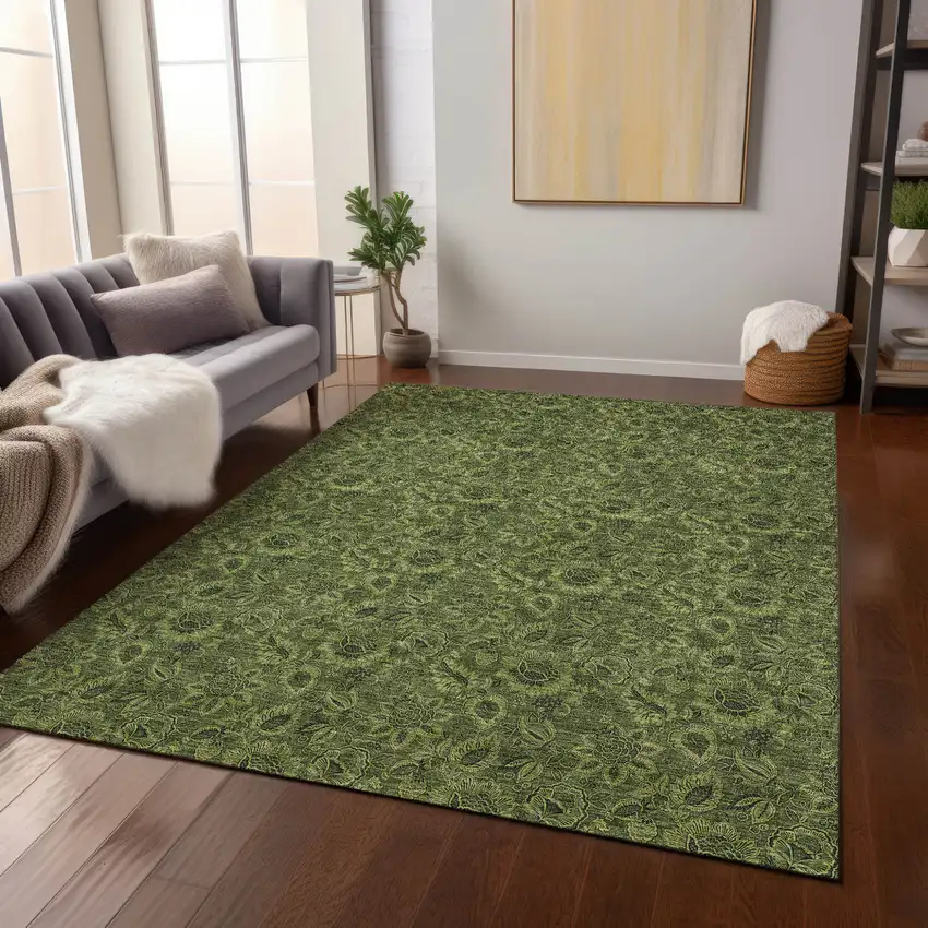 Olive Green And Fern Green Floral Washable Indoor Outdoor Area Rug Photo 7