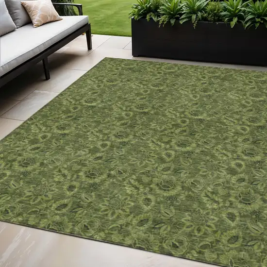 Olive Green And Fern Green Floral Washable Indoor Outdoor Area Rug Photo 1