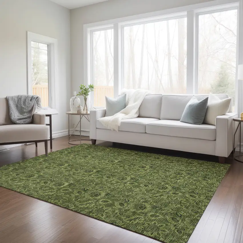 Olive Green And Fern Green Floral Washable Indoor Outdoor Area Rug Photo 9