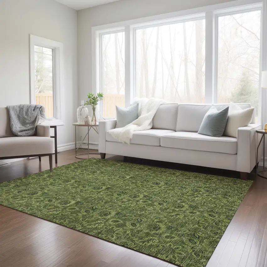 Olive Green And Fern Green Floral Washable Indoor Outdoor Area Rug Photo 9