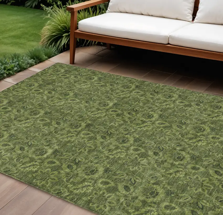 Olive Green And Fern Green Floral Washable Indoor Outdoor Area Rug Photo 1