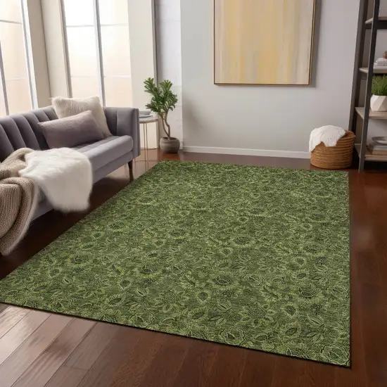 Olive Green And Fern Green Floral Washable Indoor Outdoor Area Rug Photo 8