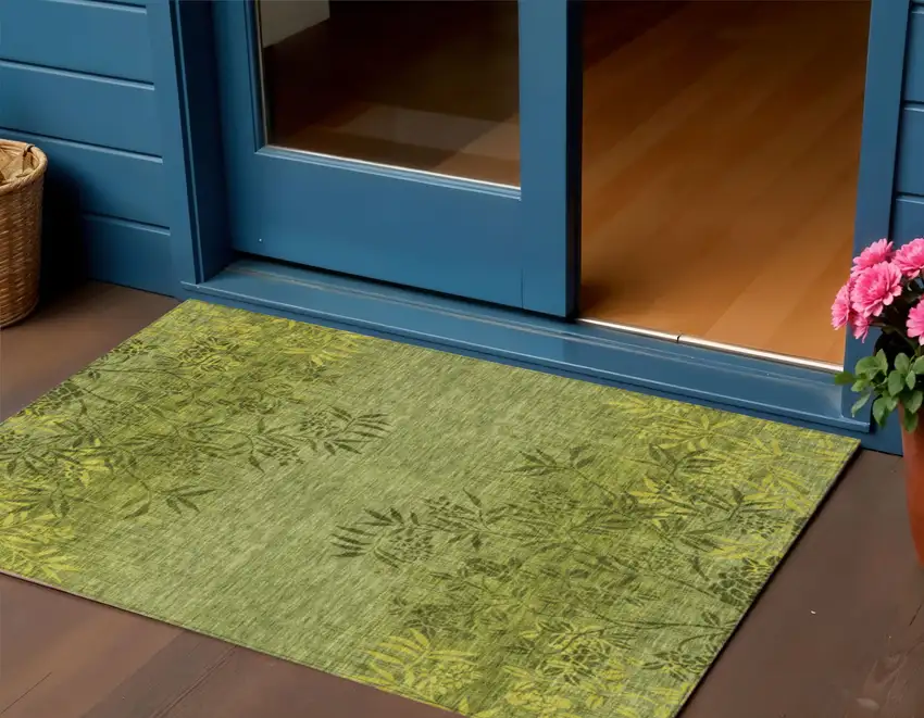 Olive Green And Fern Green Floral Washable Indoor Outdoor Area Rug Photo 1