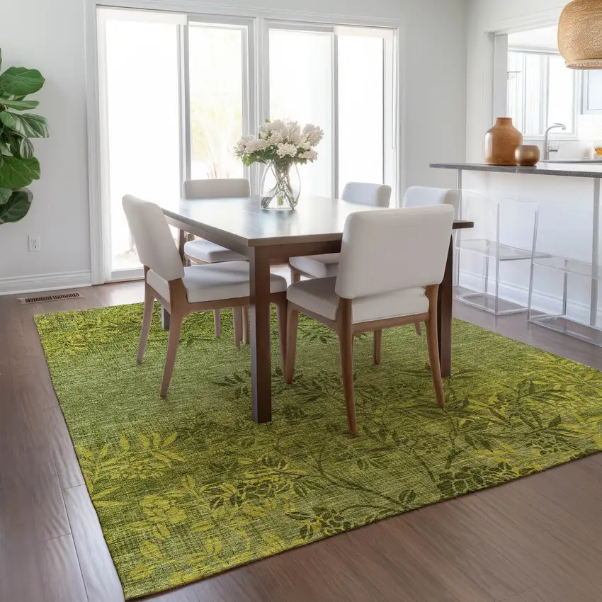 Olive Green And Fern Green Floral Washable Indoor Outdoor Area Rug Photo 8