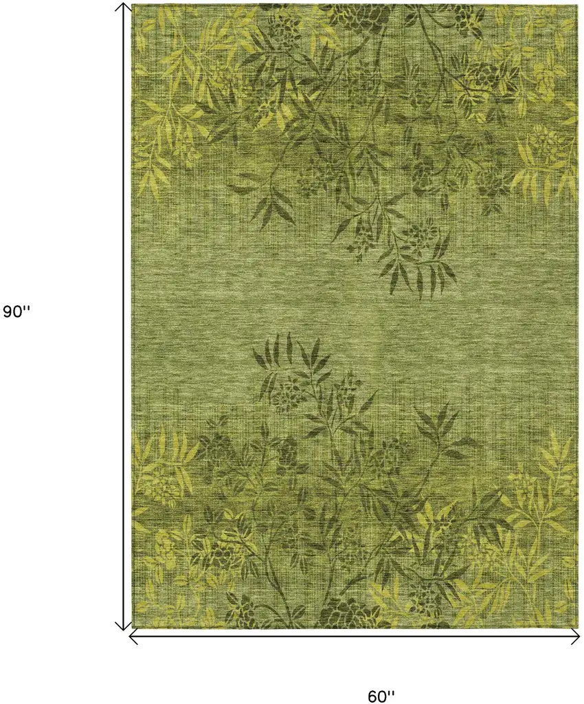Olive Green And Fern Green Floral Washable Indoor Outdoor Area Rug Photo 3