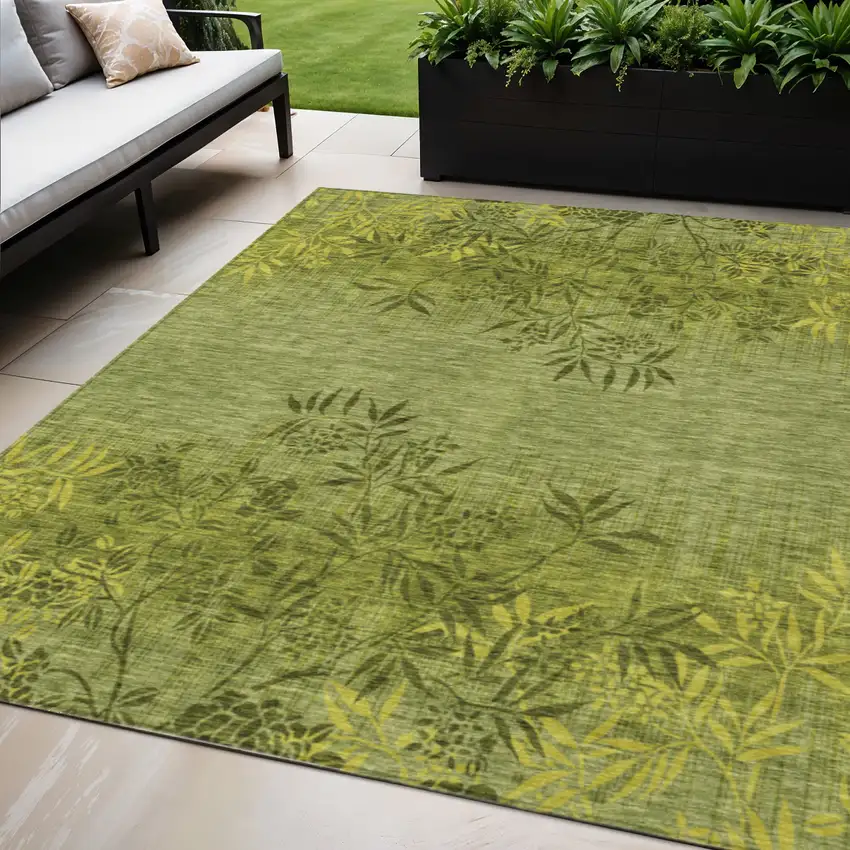 Olive Green And Fern Green Floral Washable Indoor Outdoor Area Rug Photo 1