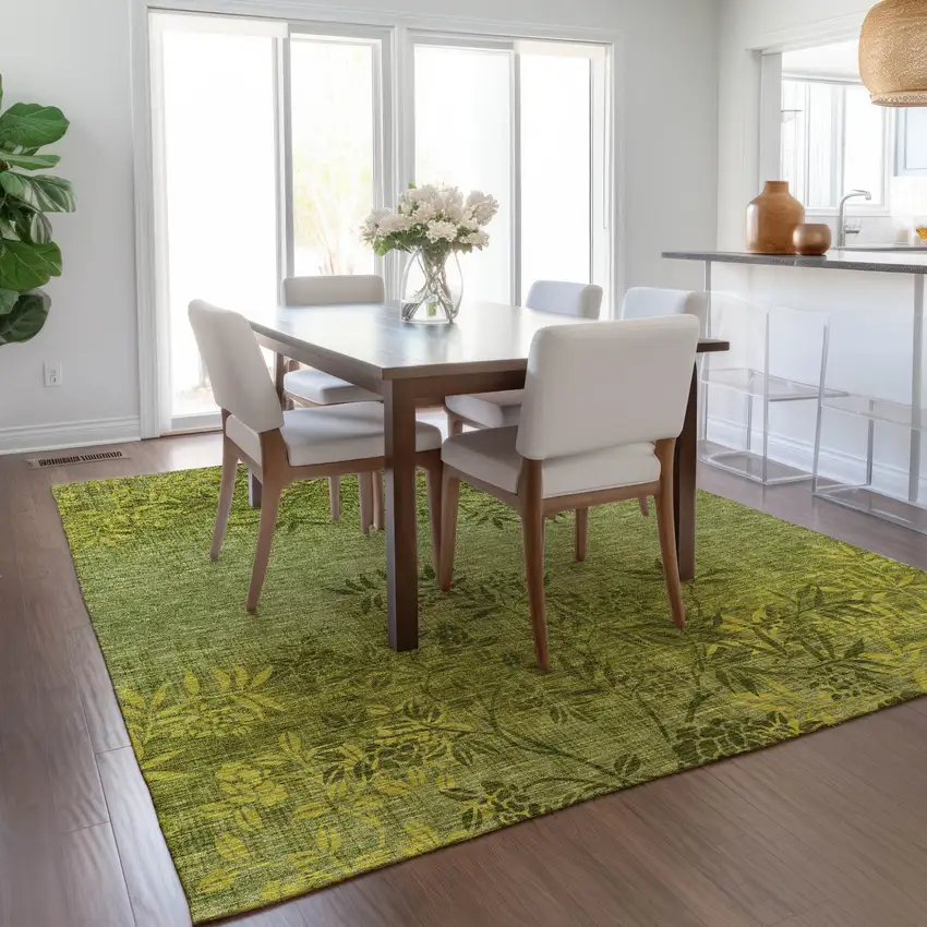 Olive Green And Fern Green Floral Washable Indoor Outdoor Area Rug Photo 9
