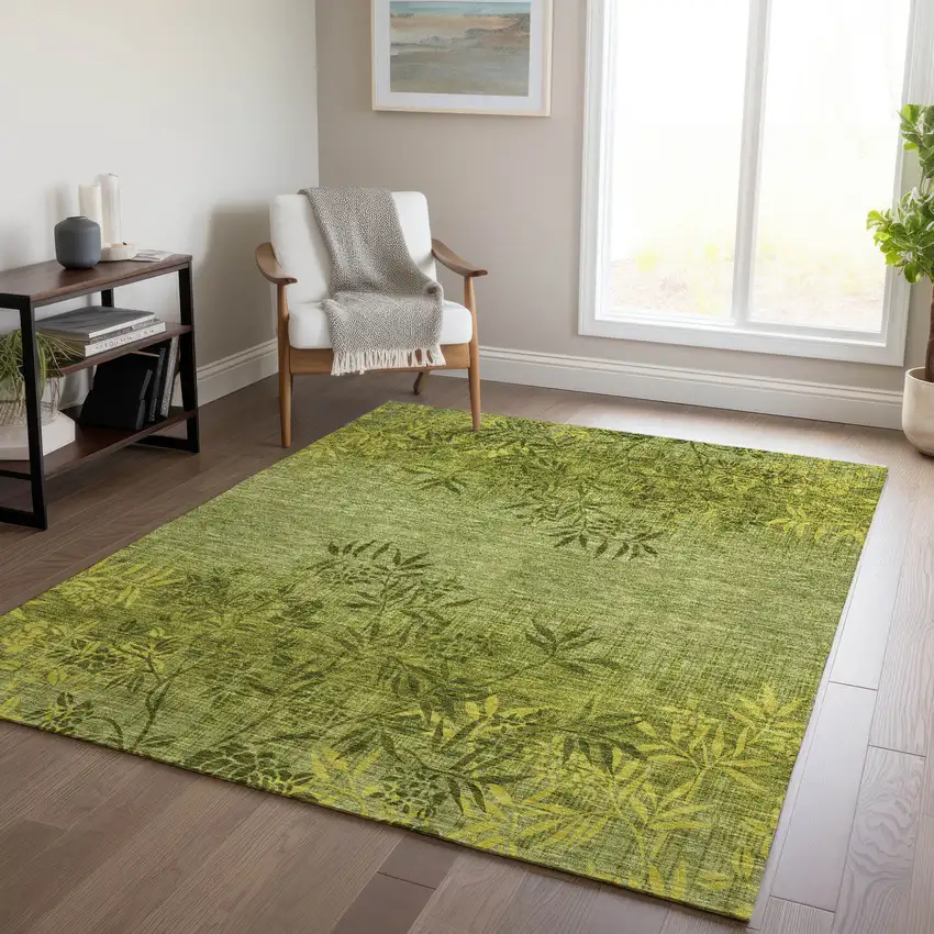 Olive Green And Fern Green Floral Washable Indoor Outdoor Area Rug Photo 9