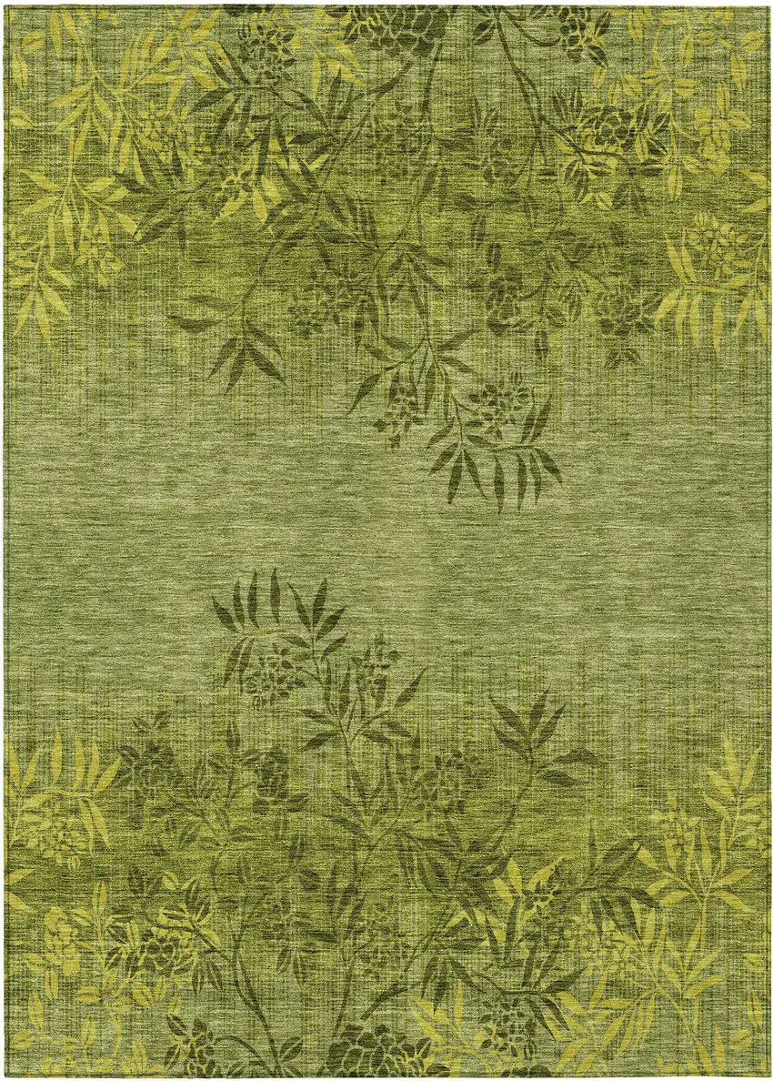 Olive Green And Fern Green Floral Washable Indoor Outdoor Area Rug Photo 2