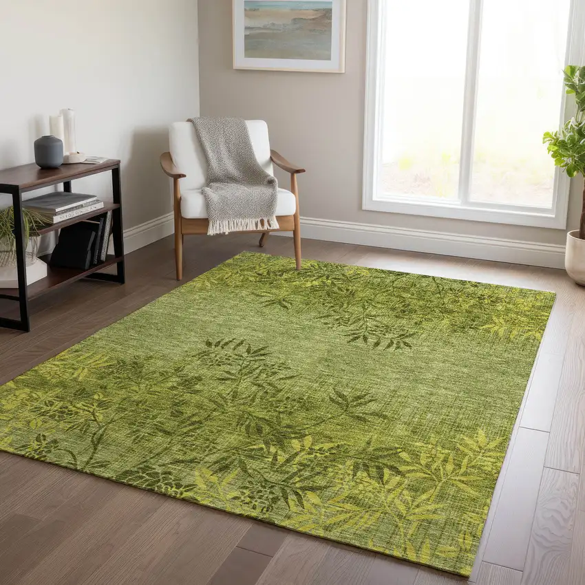 Olive Green And Fern Green Floral Washable Indoor Outdoor Area Rug Photo 9