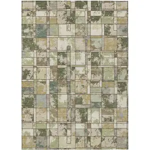 Photo of Olive Green And Fern Green Geometric Washable Indoor Outdoor Area Rug