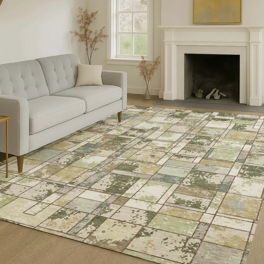 Olive Green And Fern Green Geometric Washable Indoor Outdoor Area Rug Photo 6