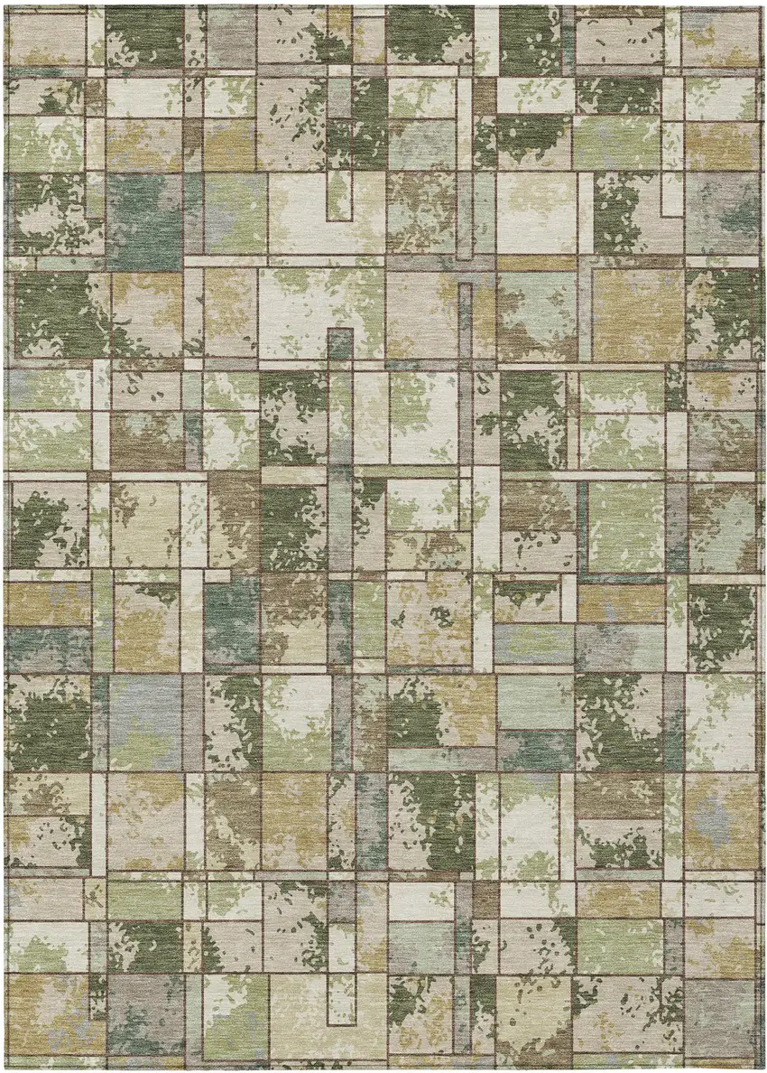 Olive Green And Fern Green Geometric Washable Indoor Outdoor Area Rug Photo 1