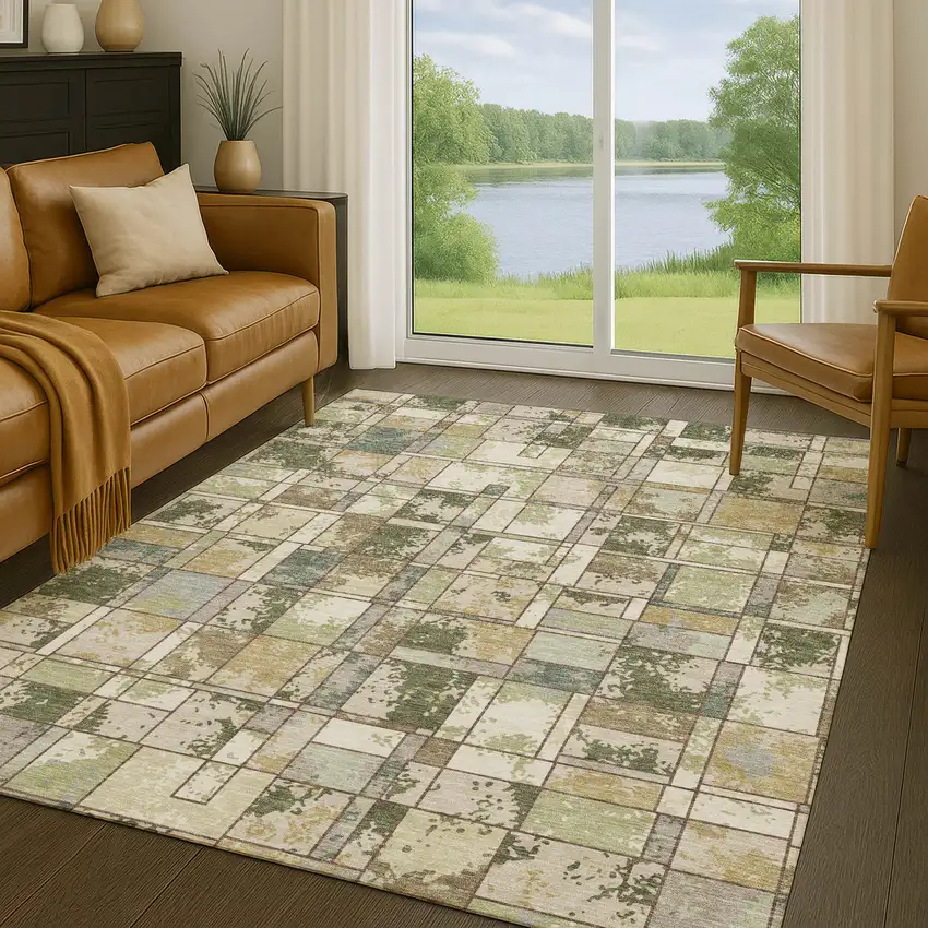 Olive Green And Fern Green Geometric Washable Indoor Outdoor Area Rug Photo 5