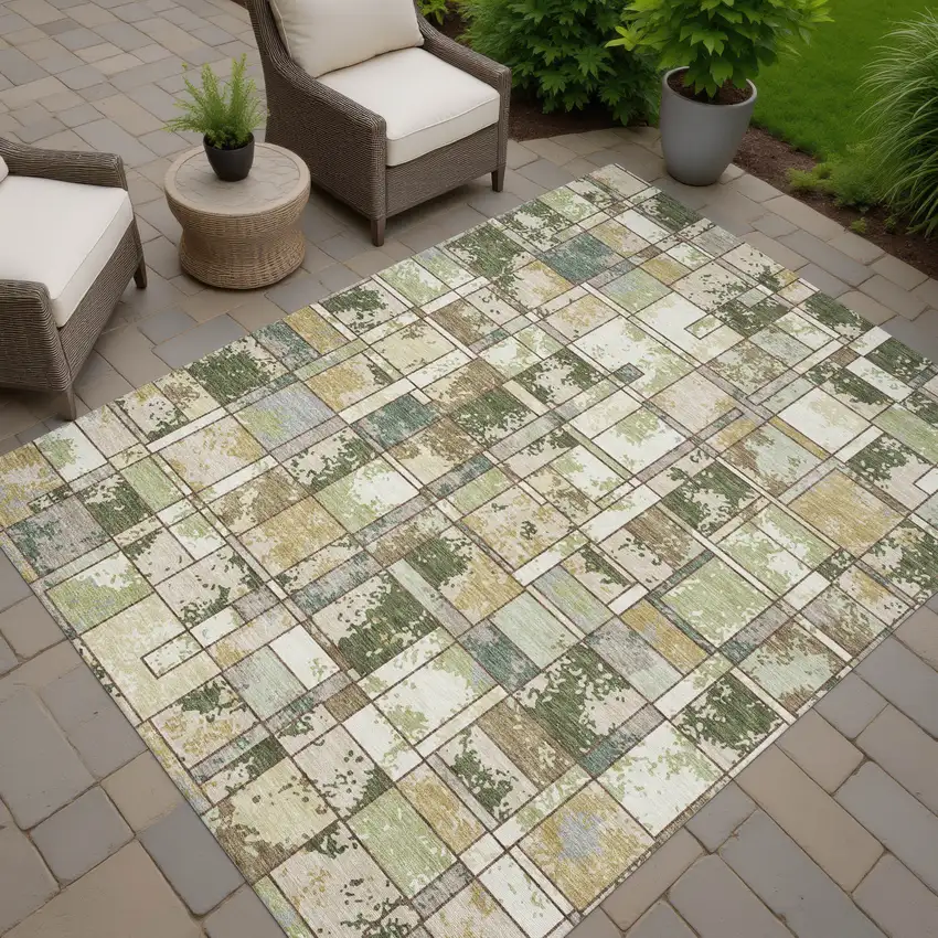 Olive Green And Fern Green Geometric Washable Indoor Outdoor Area Rug Photo 7