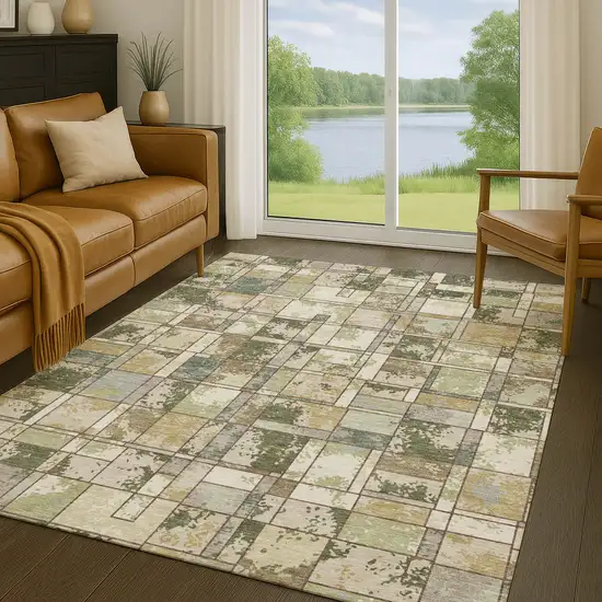 Olive Green And Fern Green Geometric Washable Indoor Outdoor Area Rug Photo 5