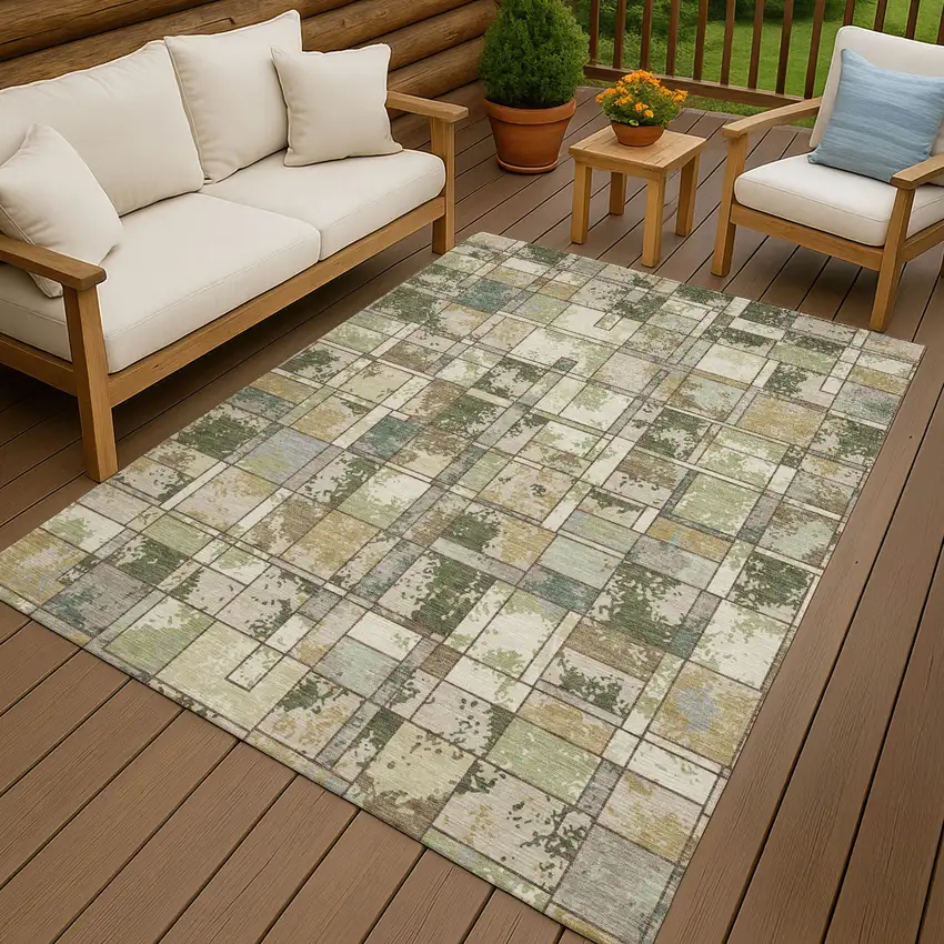 Olive Green And Fern Green Geometric Washable Indoor Outdoor Area Rug Photo 4