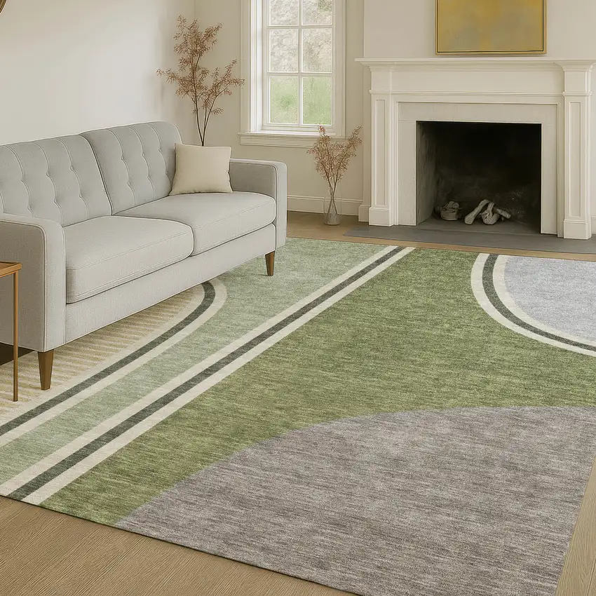 Olive Green And Fern Green Geometric Washable Indoor Outdoor Area Rug Photo 6