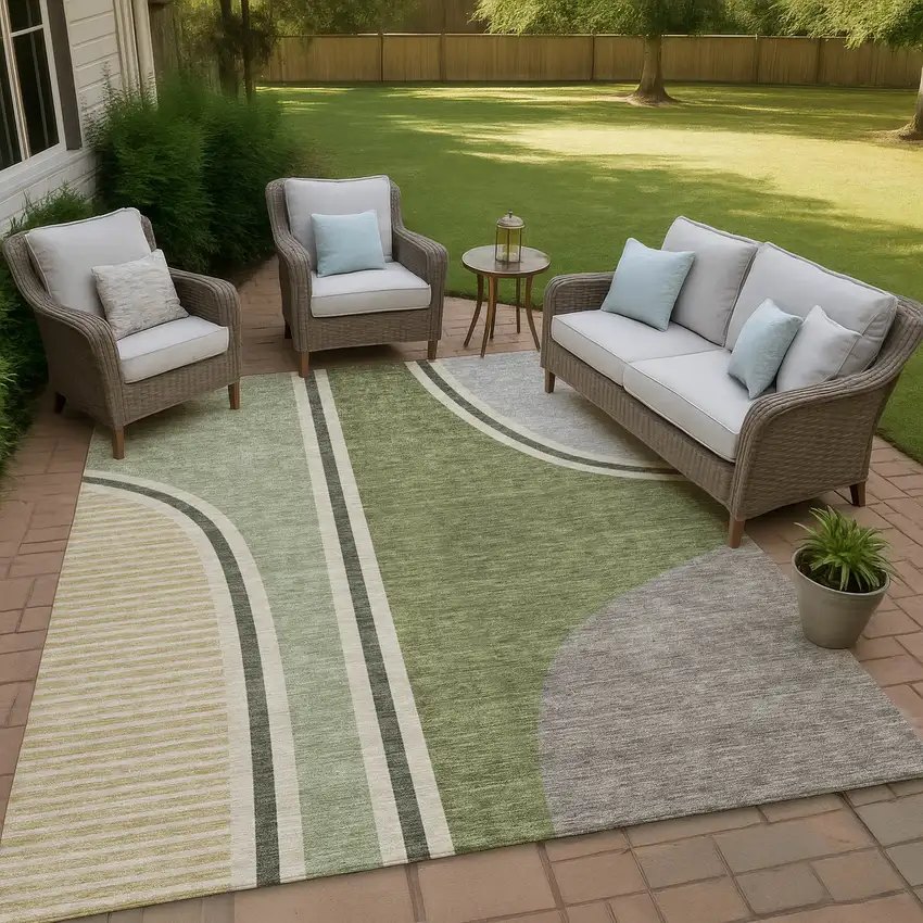Olive Green And Fern Green Geometric Washable Indoor Outdoor Area Rug Photo 4