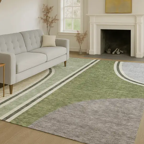 Olive Green And Fern Green Geometric Washable Indoor Outdoor Area Rug Photo 6
