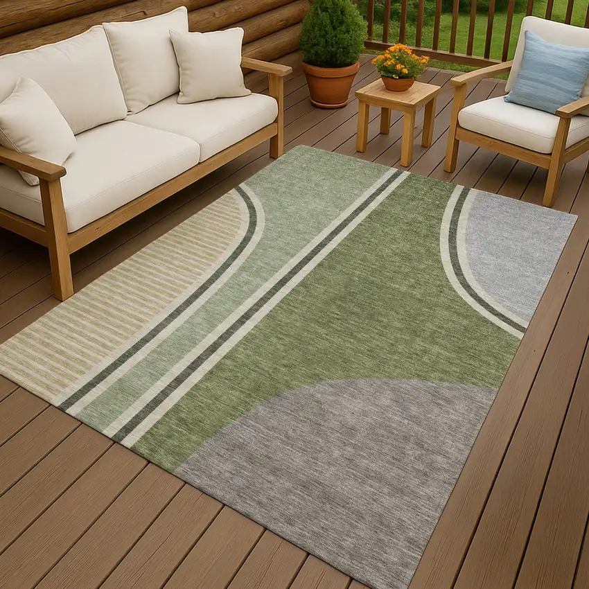 Olive Green And Fern Green Geometric Washable Indoor Outdoor Area Rug Photo 7