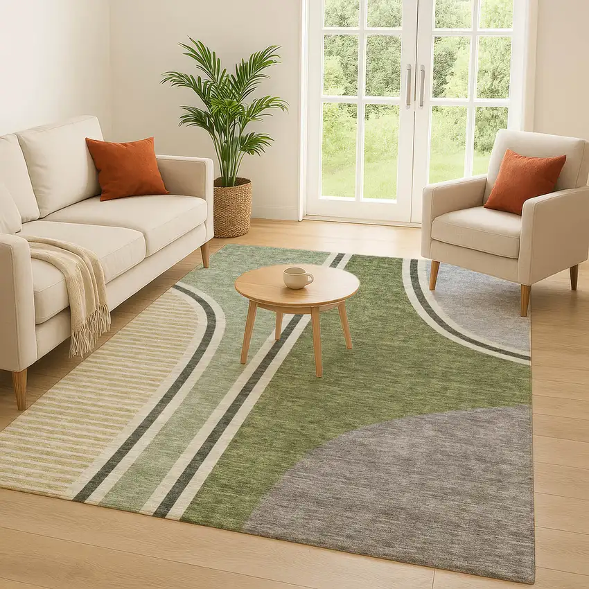 Olive Green And Fern Green Geometric Washable Indoor Outdoor Area Rug Photo 5