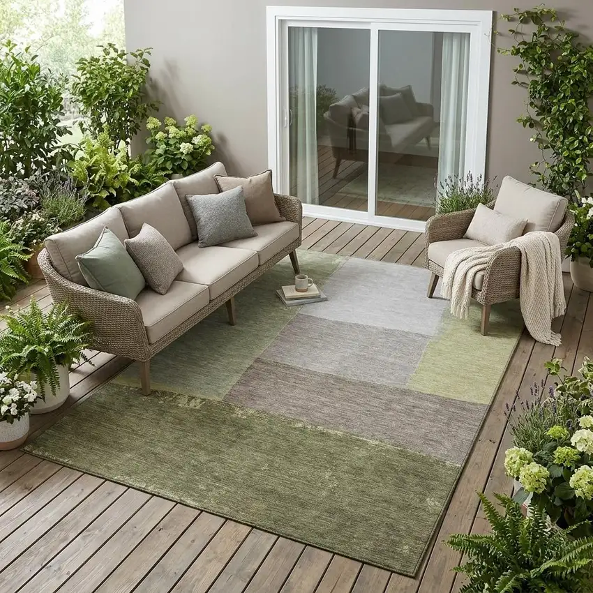 Olive Green And Fern Green Geometric Washable Indoor Outdoor Area Rug Photo 1