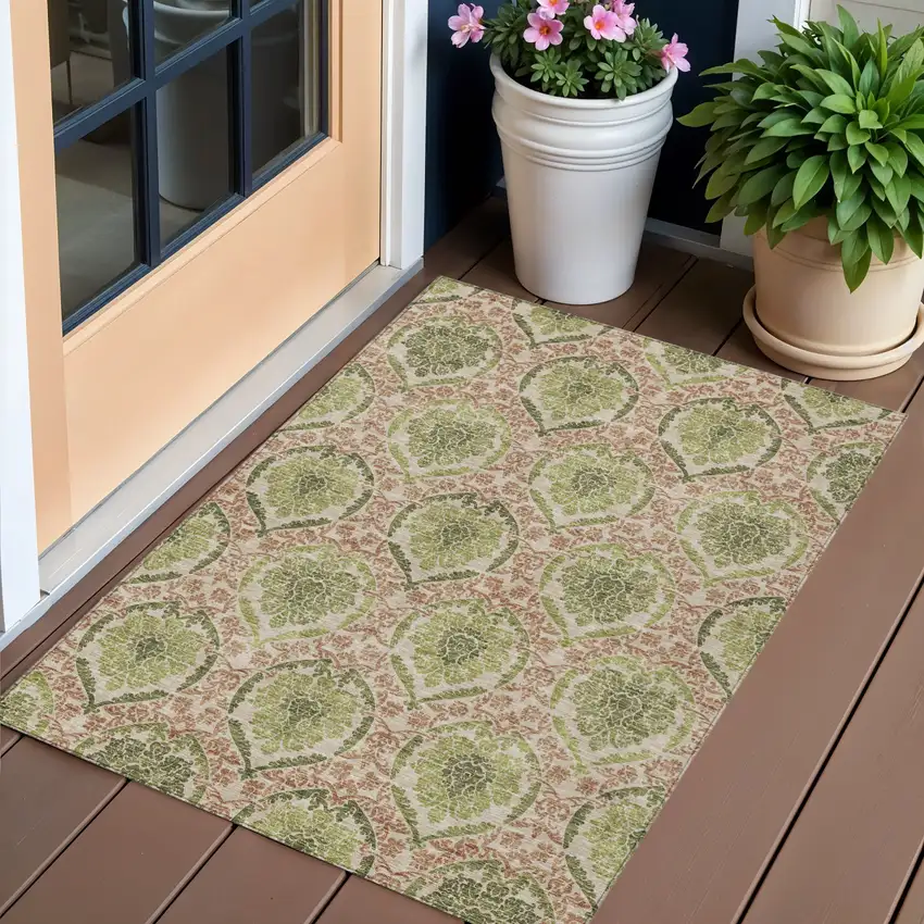 Olive Green And Fern Green Medallion Washable Indoor Outdoor Area Rug Photo 1