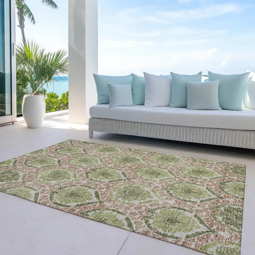 Olive Green And Fern Green Medallion Washable Indoor Outdoor Area Rug Photo 8