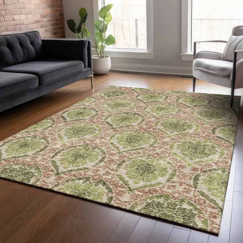 Olive Green And Fern Green Medallion Washable Indoor Outdoor Area Rug Photo 9