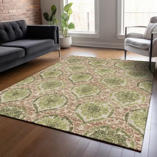 Olive Green And Fern Green Medallion Washable Indoor Outdoor Area Rug Photo 9