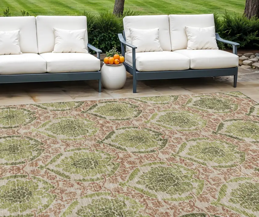 Olive Green And Fern Green Medallion Washable Indoor Outdoor Area Rug Photo 1