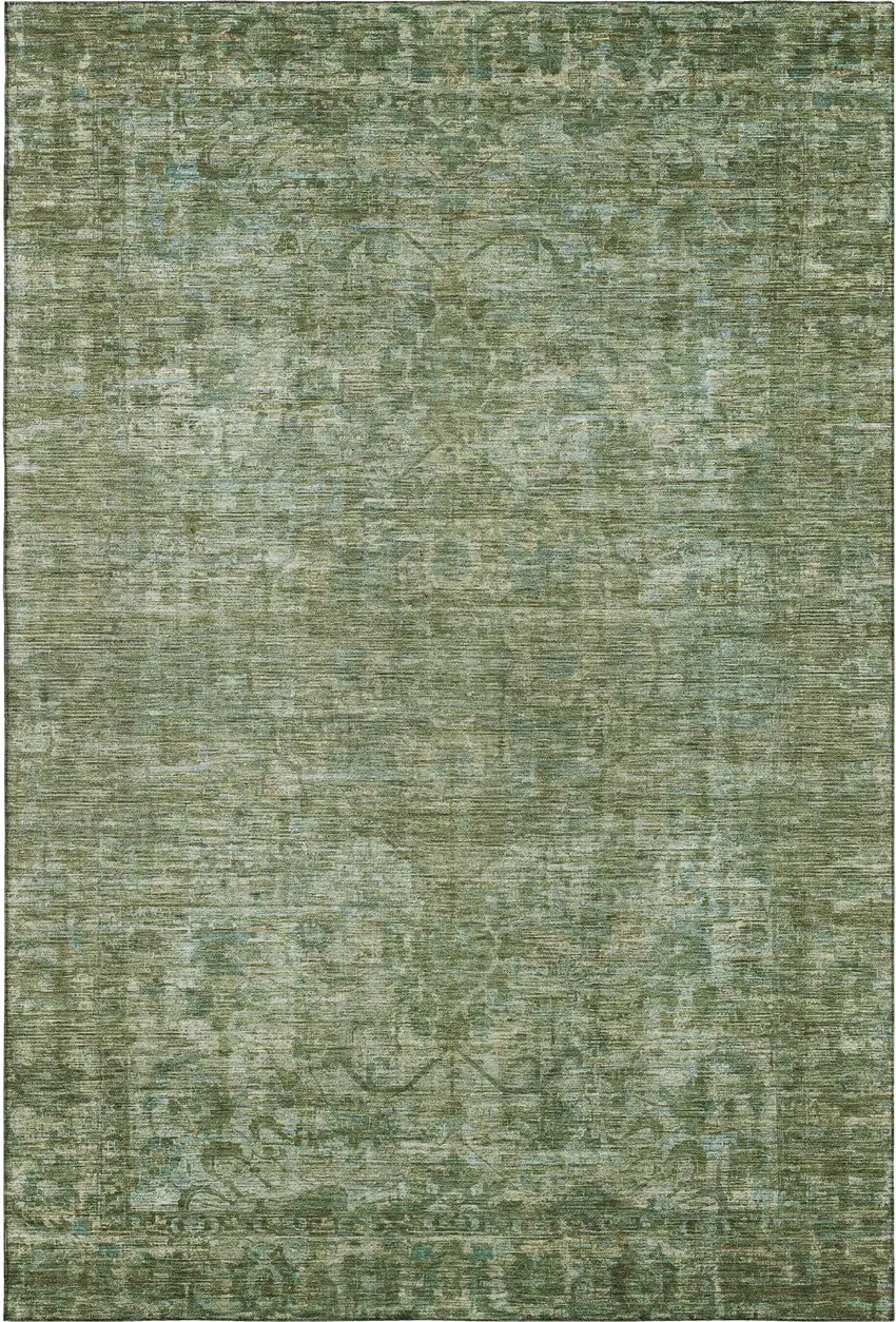 Olive Green And Fern Green Oriental Washable Area Rug With UV Protection Photo 1