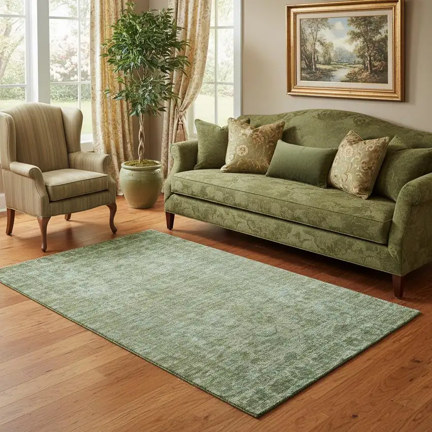 Olive Green And Fern Green Oriental Washable Area Rug With UV Protection Photo 2