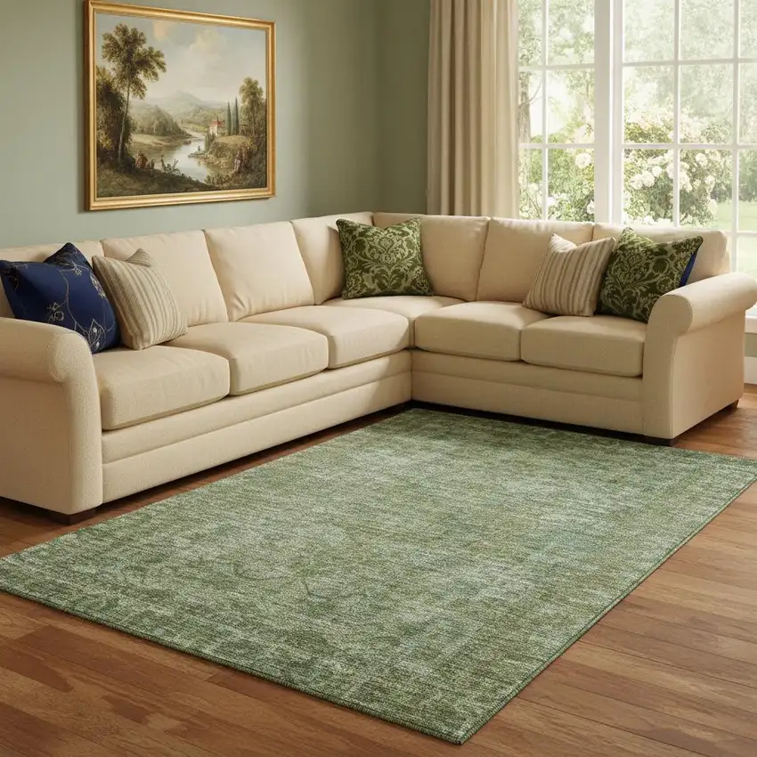 Olive Green And Fern Green Oriental Washable Area Rug With UV Protection Photo 2