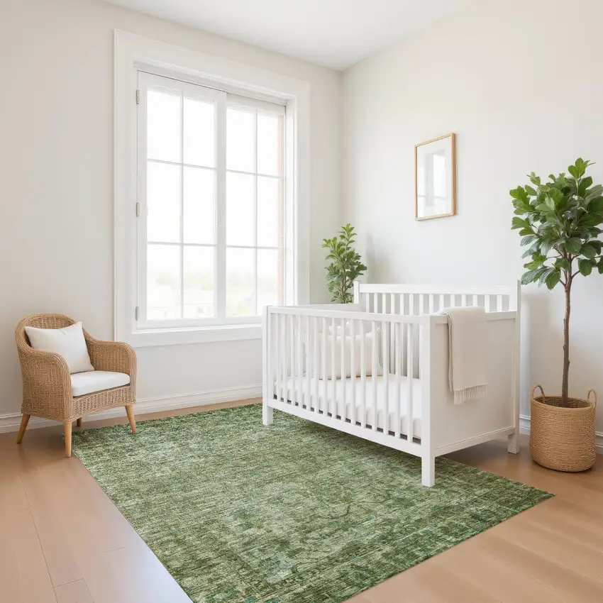 Olive Green And Fern Green Oriental Washable Area Rug With UV Protection Photo 5