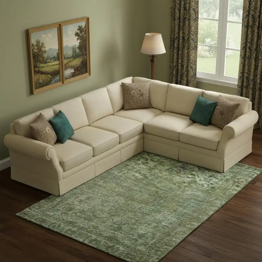 Olive Green And Fern Green Oriental Washable Area Rug With UV Protection Photo 2