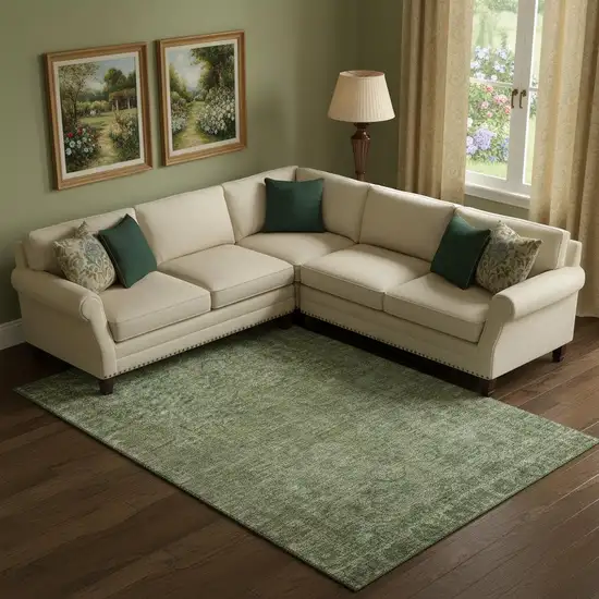 Olive Green And Fern Green Oriental Washable Area Rug With UV Protection Photo 2