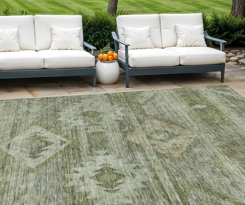 Olive Green And Fern Green Southwestern Washable Indoor Outdoor Area Rug Photo 1
