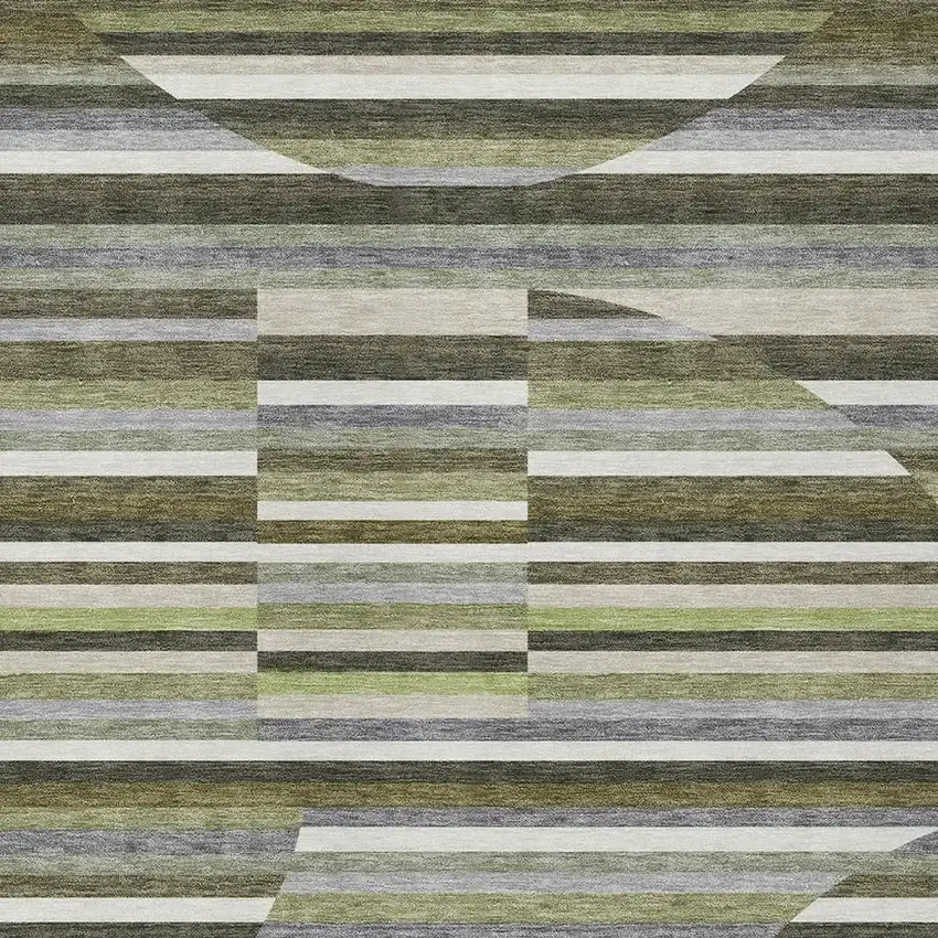 Olive Green And Fern Green Striped Washable Indoor Outdoor Area Rug Photo 2