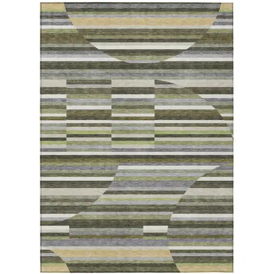 Olive Green And Fern Green Striped Washable Indoor Outdoor Area Rug Photo 1