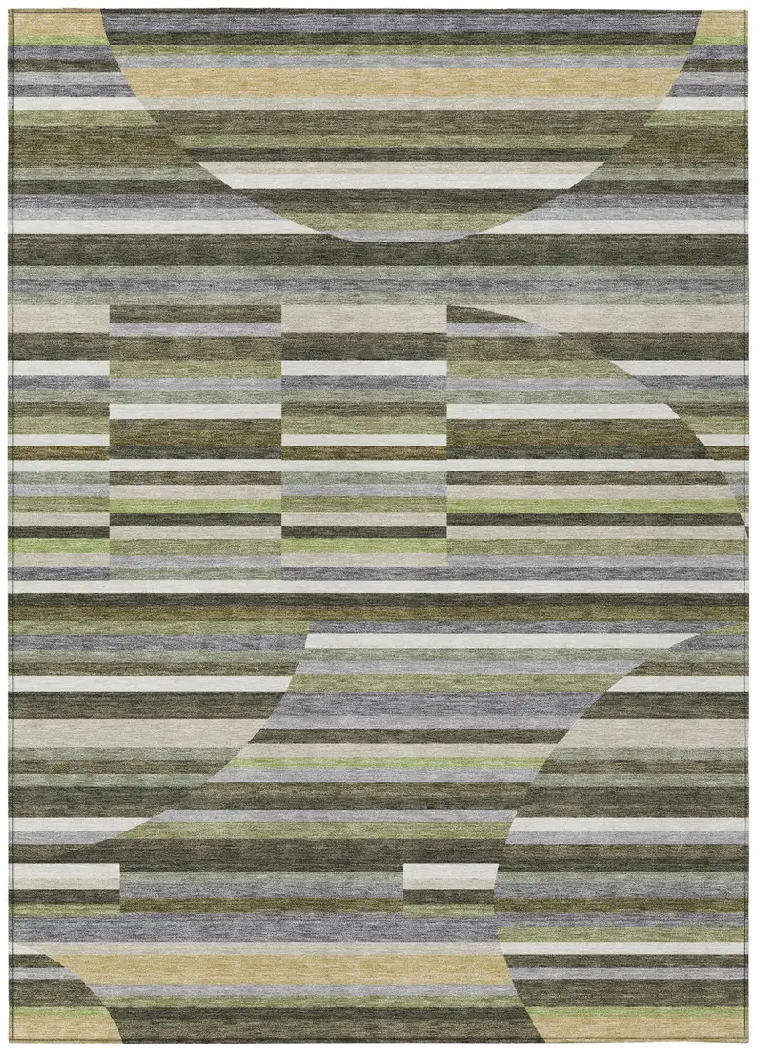 Olive Green And Fern Green Striped Washable Indoor Outdoor Area Rug Photo 1