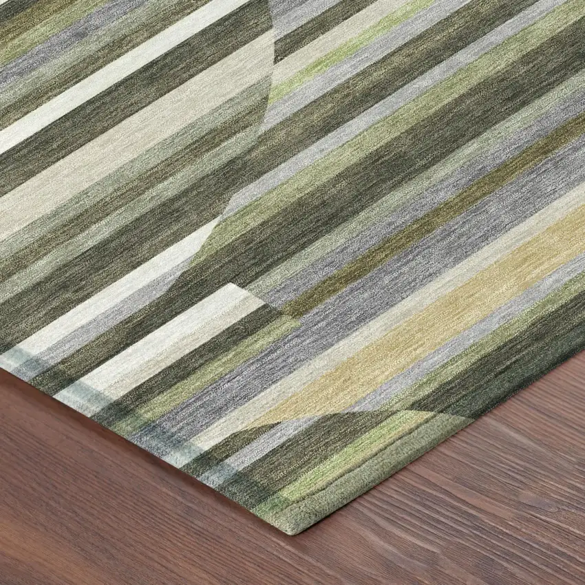 Olive Green And Fern Green Striped Washable Indoor Outdoor Area Rug Photo 4