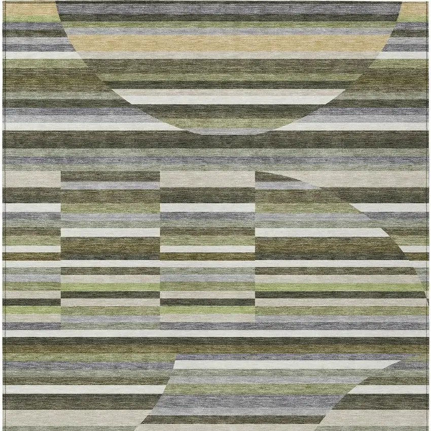 Olive Green And Fern Green Striped Washable Indoor Outdoor Area Rug Photo 3