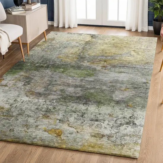 Olive Green And Gold Abstract Washable Area Rug With UV Protection Photo 6