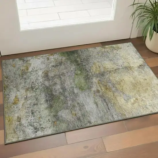 Olive Green And Gold Abstract Washable Area Rug With UV Protection Photo 2
