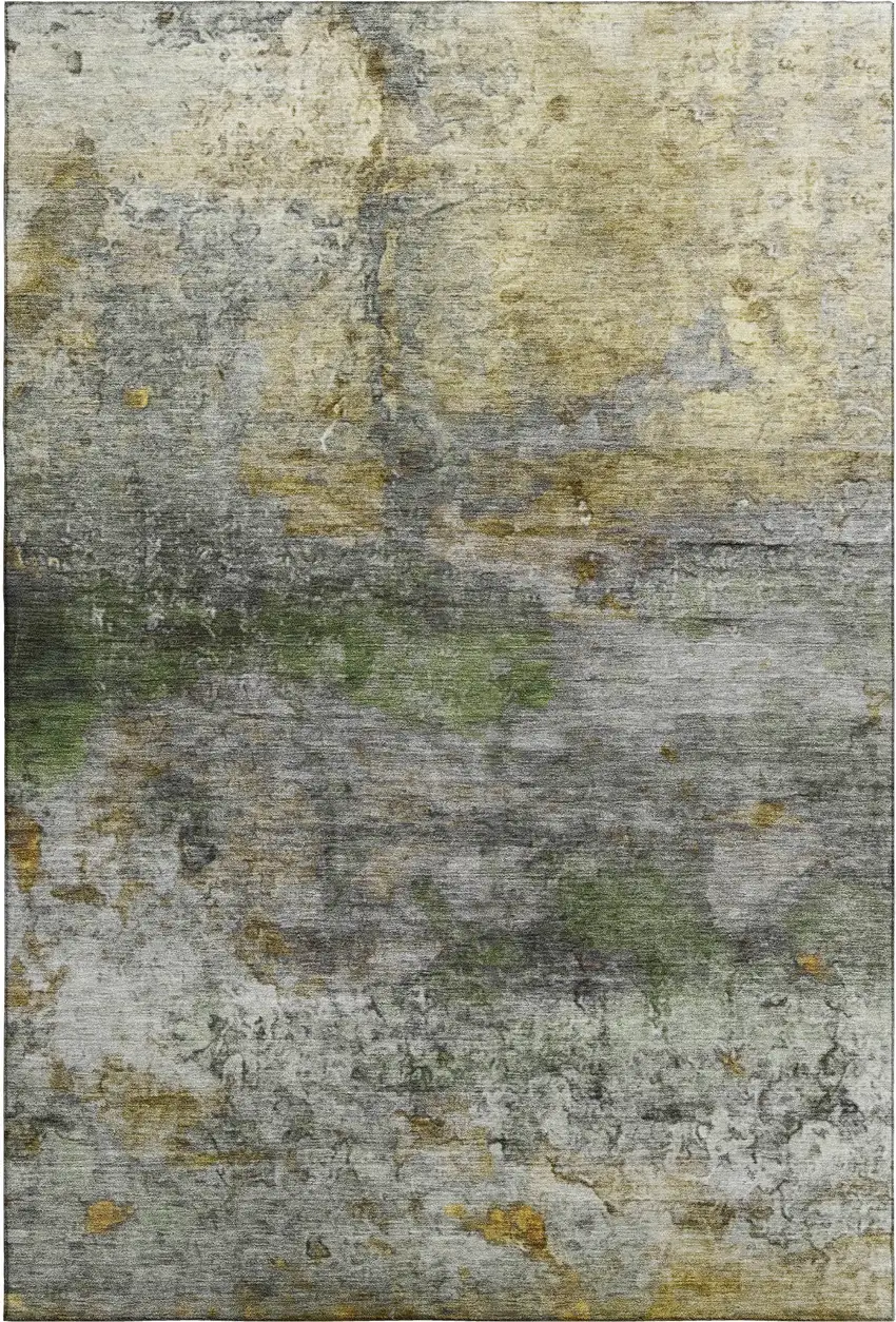 Olive Green And Gold Abstract Washable Area Rug With UV Protection Photo 1