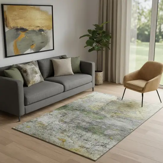 Olive Green And Gold Abstract Washable Area Rug With UV Protection Photo 2